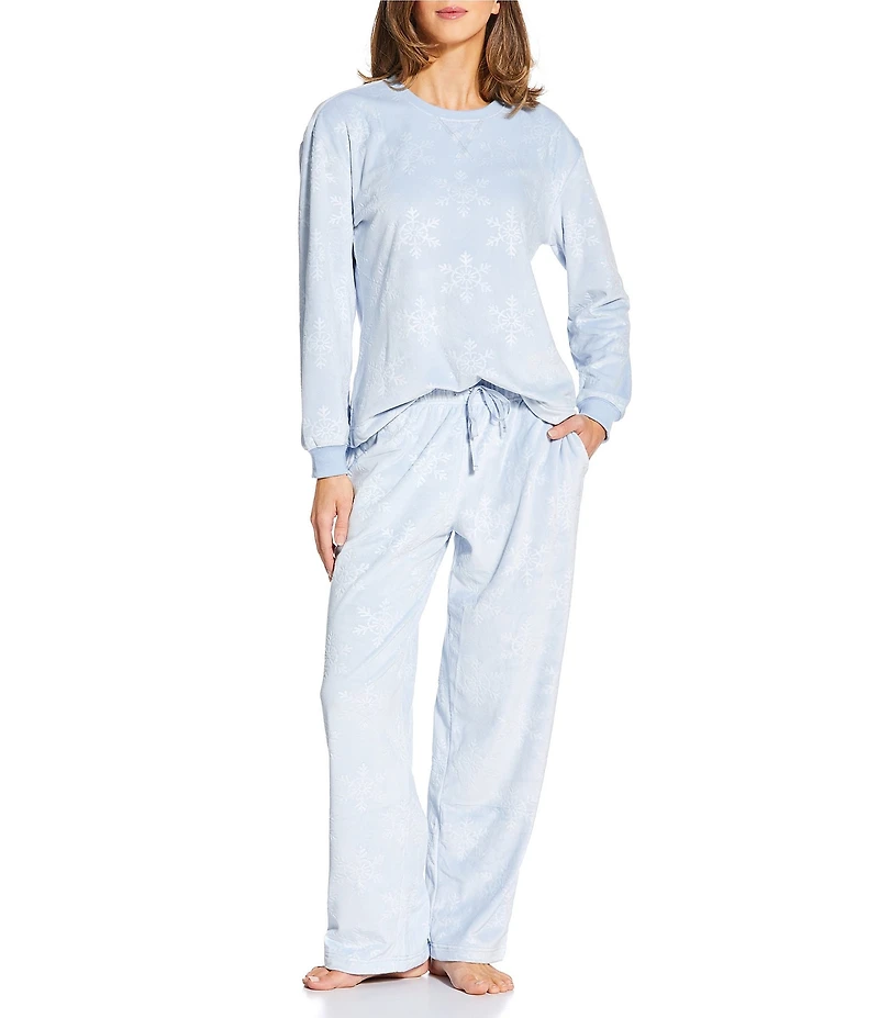 Sleep Sense Embossed Snowflake Print Velour Long Sleeve Crew Neck Coordinating Holiday Sleep Top