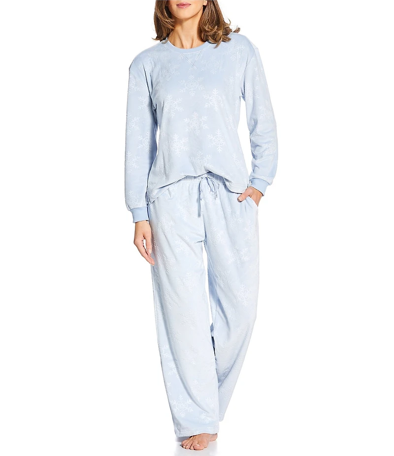 Sleep Sense Embossed Snowflake Print Velour Long Sleeve Crew Neck Coordinating Holiday Sleep Top
