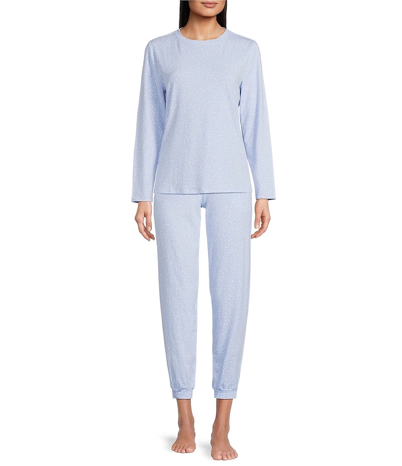 Sleep Sense Falling Snow Print Knit Long Sleeve Crew Neck Coordinating Holiday Sleep Top