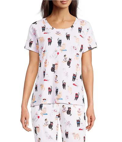 Sleep Sense Fancy Cats Print Short Sleeve Crew Neck Coordinating Sleep Top