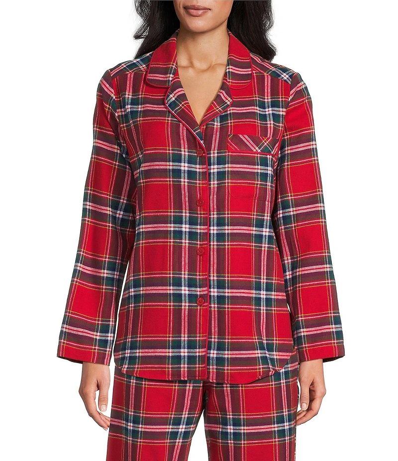 Sleep Sense Flannel Plaid Long Sleeve Notch Collar Coordinating Button Front Holiday Sleep Top
