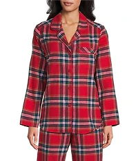 Sleep Sense Flannel Plaid Long Sleeve Notch Collar Coordinating Button Front Holiday Sleep Top