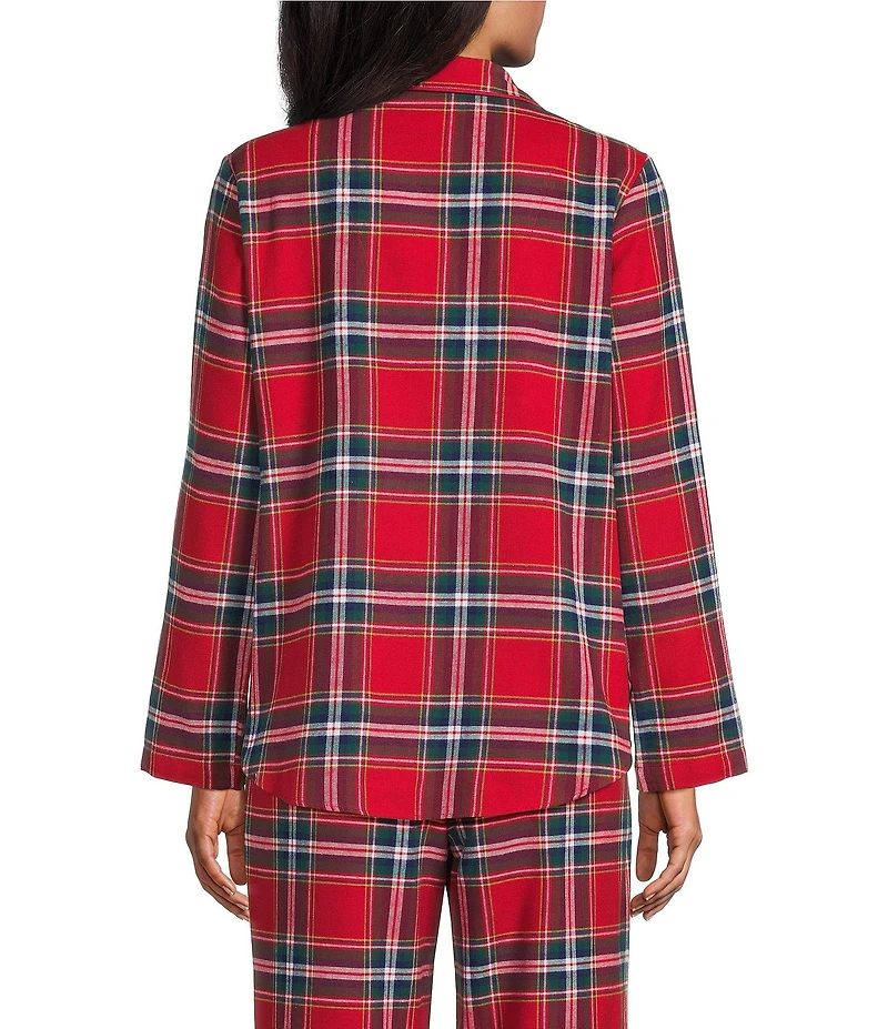 Sleep Sense Flannel Plaid Long Sleeve Notch Collar Coordinating Button Front Holiday Sleep Top