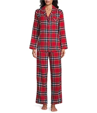 Sleep Sense Flannel Plaid Long Sleeve Notch Collar Coordinating Button Front Holiday Sleep Top