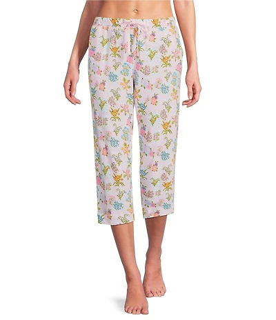 Sleep Sense Flower Stamp Knit Print Drawstring Tie Coordinating Sleep Capri Pants