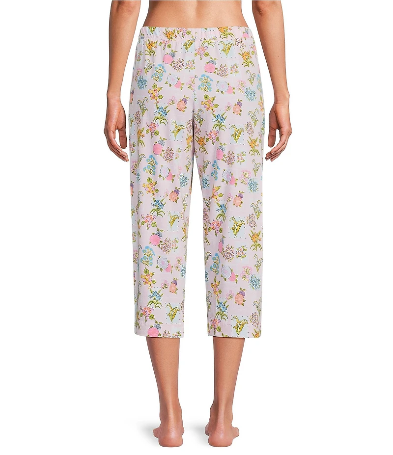 Sleep Sense Flower Stamp Knit Print Drawstring Tie Coordinating Sleep Capri Pants