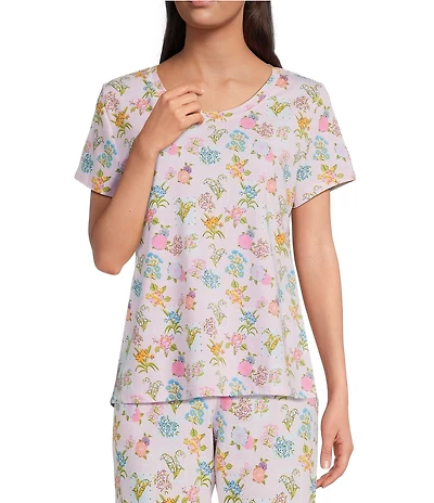 Sleep Sense Flower Stamp Print Short Sleeve Scoop Neck Coordinating Sleep Top