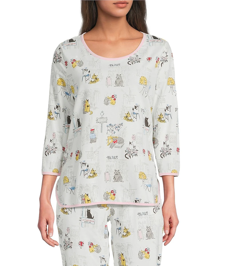 Sleep Sense French Cat Print Scoop Neck 3/4 Sleeve Knit Coordinating Sleep Top