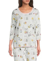 Sleep Sense French Cat Print Scoop Neck 3/4 Sleeve Knit Coordinating Sleep Top