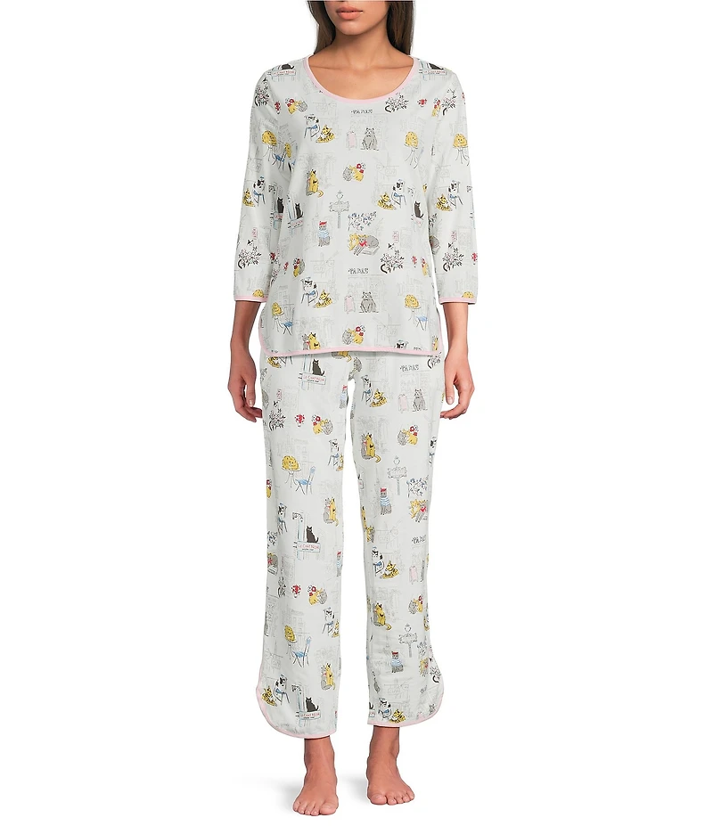 Sleep Sense French Cat Print Scoop Neck 3/4 Sleeve Knit Coordinating Sleep Top