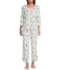 Sleep Sense French Cat Print Scoop Neck 3/4 Sleeve Knit Coordinating Sleep Top