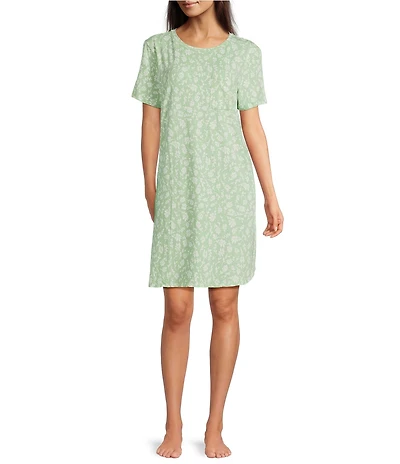 Sleep Sense Green Sprig Print Short Sleeve Crew Neck Knit Nightshirt