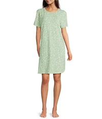 Sleep Sense Green Sprig Print Short Sleeve Crew Neck Knit Nightshirt