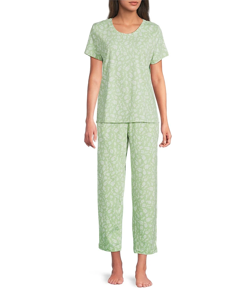Sleep Sense Green Sprig Print Short Sleeve Scoop Neck Knit Coordinating Sleep Top