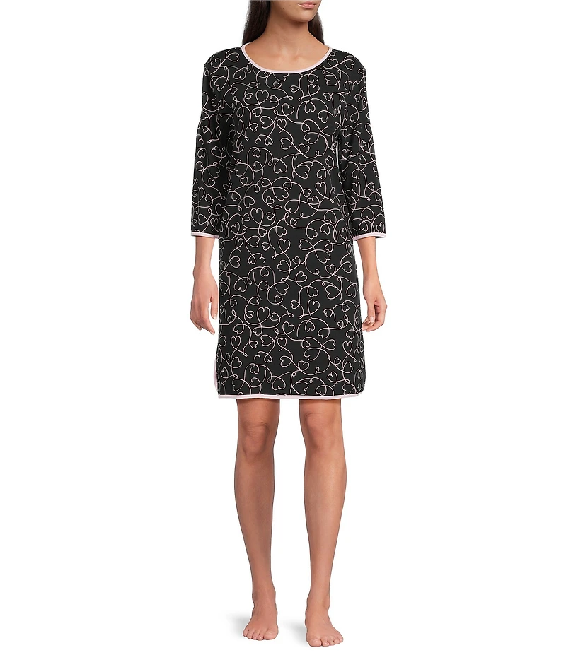 Sleep Sense Heart Print 3/4 Sleeve Crew Neck Jersey Knit Nightgown