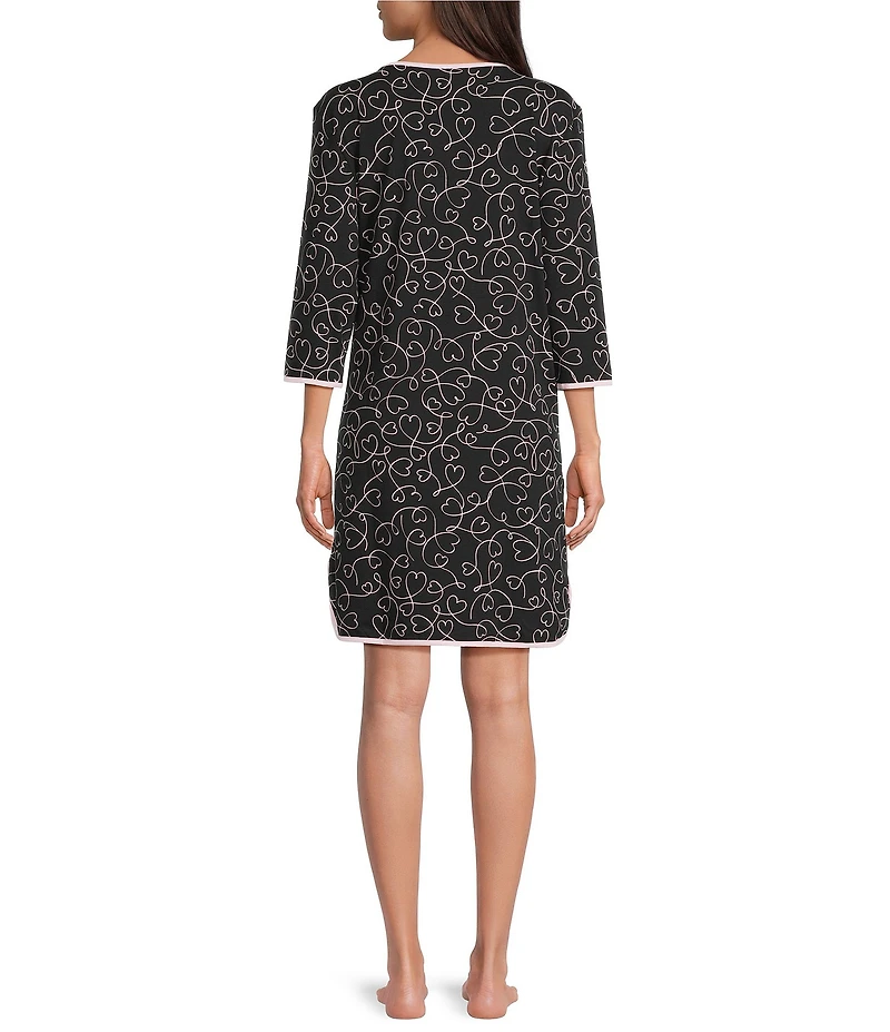 Sleep Sense Heart Print 3/4 Sleeve Crew Neck Jersey Knit Nightgown