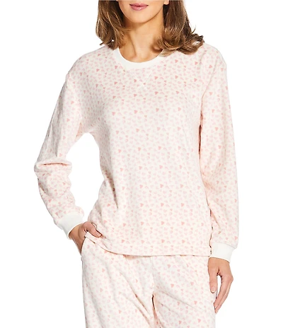 Sleep Sense Heart Print Velour Long Sleeve Crew Neck Coordinating Sleep Top