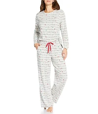 Sleep Sense Holiday Lights Print Knit Long Sleeve Crew Neck Coordinating Sleep Top