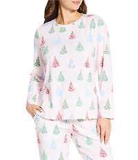 Sleep Sense Holiday Retro Tree Print Knit Long Sleeve Crew Neck Coordinating Sleep Top
