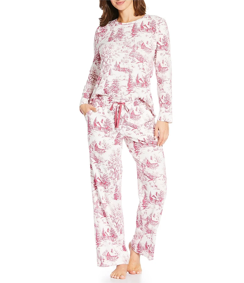 Sleep Sense Holiday Winter Toile Print Knit Long Sleeve Crew Neck Coordinating Sleep Top