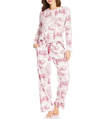 Sleep Sense Holiday Winter Toile Print Knit Long Sleeve Crew Neck Coordinating Sleep Top