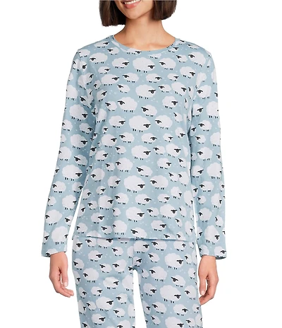 Sleep Sense Jersey Knit Blue Sheep Long Sleeve Scoop Neck Coordinating Sleep Top