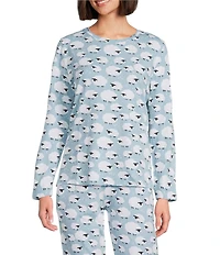 Sleep Sense Jersey Knit Blue Sheep Long Sleeve Scoop Neck Coordinating Sleep Top