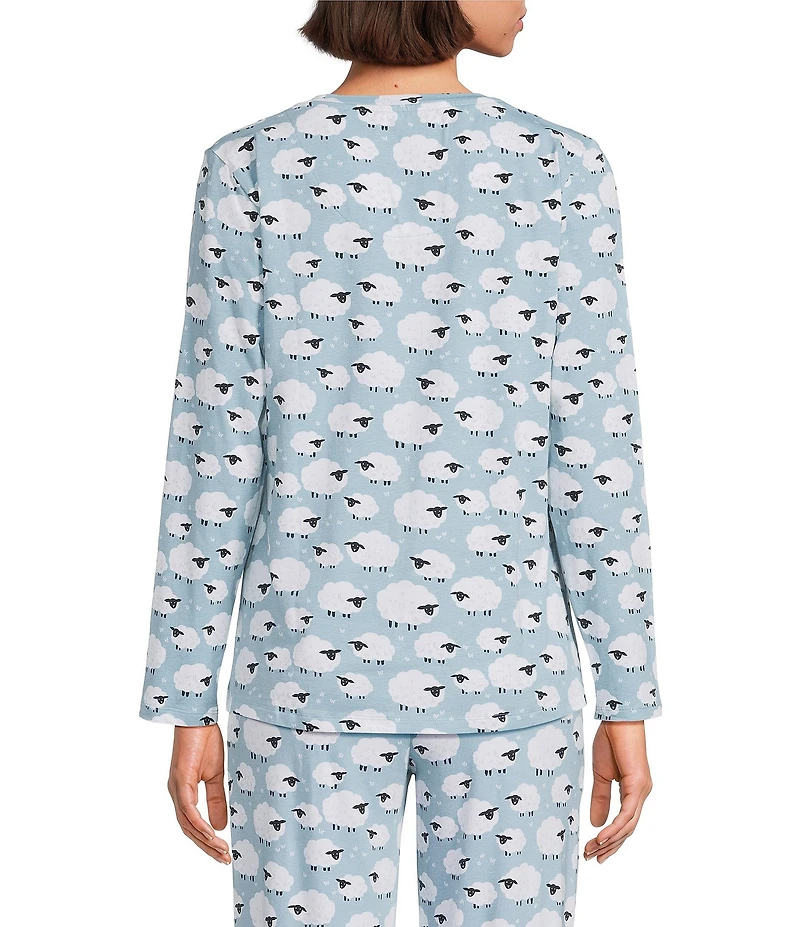 Sleep Sense Jersey Knit Blue Sheep Long Sleeve Scoop Neck Coordinating Sleep Top