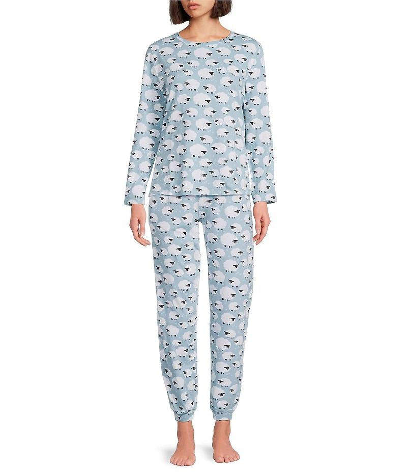 Sleep Sense Jersey Knit Blue Sheep Long Sleeve Scoop Neck Coordinating Sleep Top