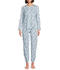 Sleep Sense Jersey Knit Blue Sheep Long Sleeve Scoop Neck Coordinating Sleep Top