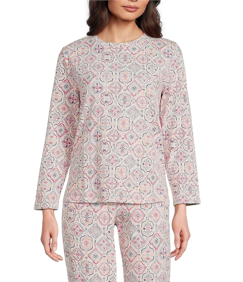 Sleep Sense Jersey Knit Vintage Tile Long Sleeve Scoop Neck Coordinating Sleep Top