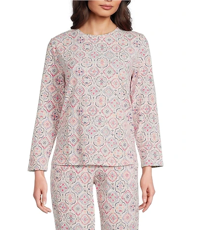 Sleep Sense Jersey Knit Vintage Tile Long Sleeve Scoop Neck Coordinating Sleep Top