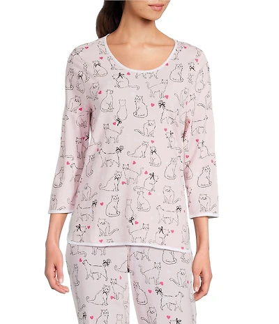 Sleep Sense Kitty Heart Print Scoop Neck 3/4 Sleeve Knit Coordinating Sleep Top