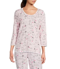 Sleep Sense Kitty Heart Print Scoop Neck 3/4 Sleeve Knit Coordinating Sleep Top