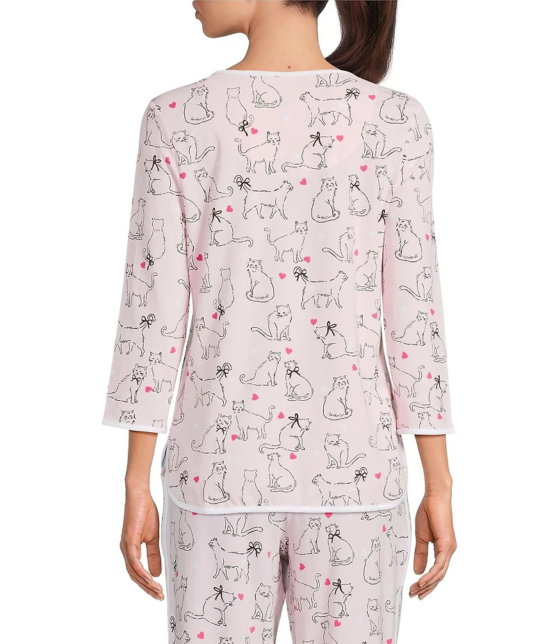Sleep Sense Kitty Heart Print Scoop Neck 3/4 Sleeve Knit Coordinating Sleep Top