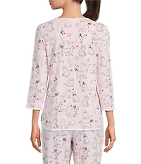 Sleep Sense Kitty Heart Print Scoop Neck 3/4 Sleeve Knit Coordinating Sleep Top