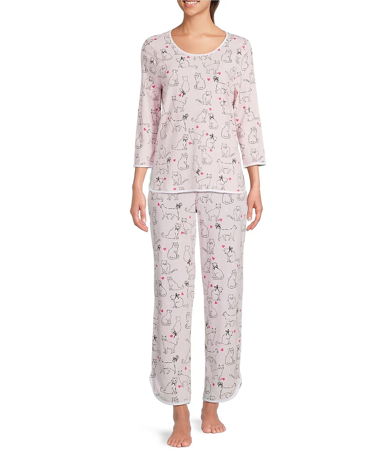Sleep Sense Kitty Heart Print Scoop Neck 3/4 Sleeve Knit Coordinating Sleep Top