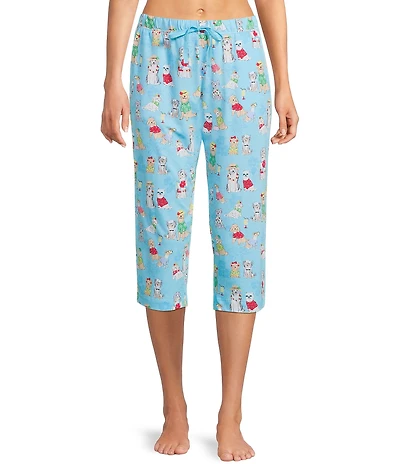 Sleep Sense Knit Beach Dogs Print Drawstring Tie Coordinating Sleep Capri Pants
