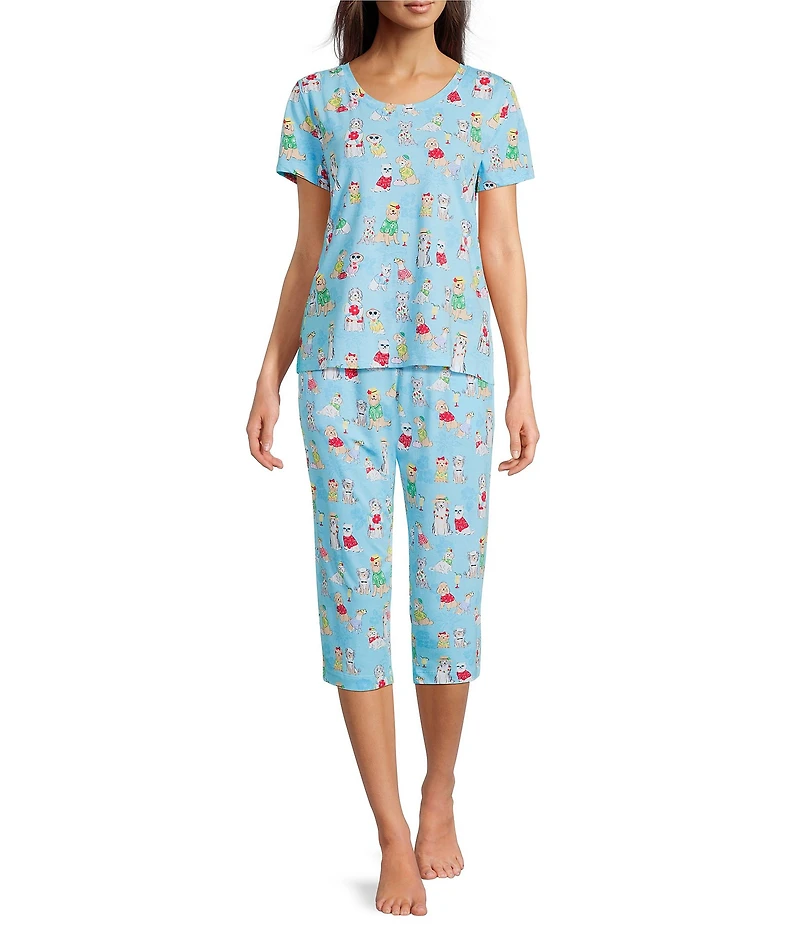 Sleep Sense Knit Beach Dogs Print Drawstring Tie Coordinating Sleep Capri Pants