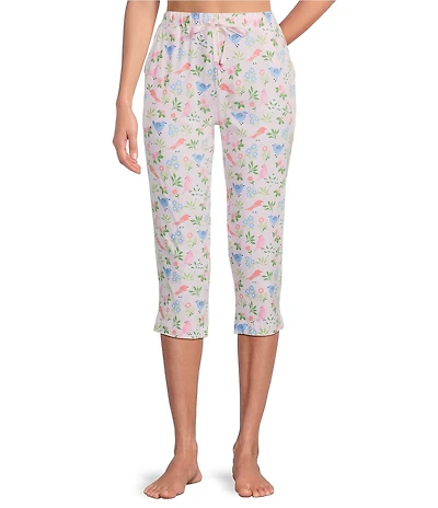 Sleep Sense Knit Bird Song Print Drawstring Tie Coordinating Sleep Capri Pants