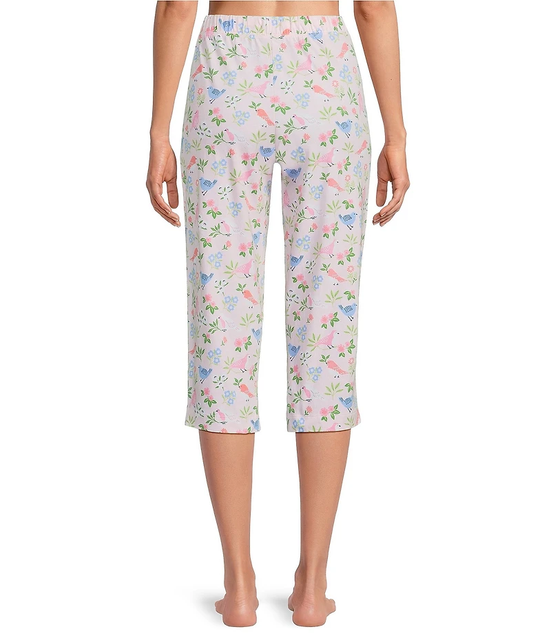 Sleep Sense Knit Bird Song Print Drawstring Tie Coordinating Sleep Capri Pants