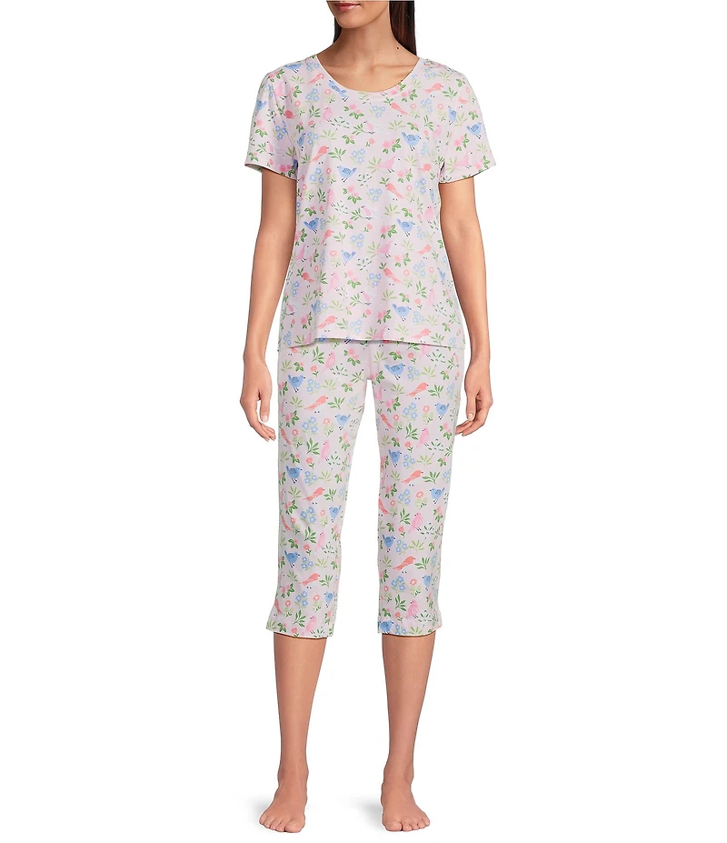 Sleep Sense Knit Bird Song Print Drawstring Tie Coordinating Sleep Capri Pants