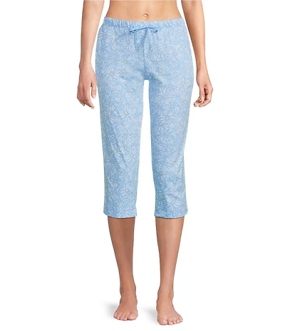 Sleep Sense Knit Daisy Print Drawstring Tie Coordinating Sleep Capri Pants