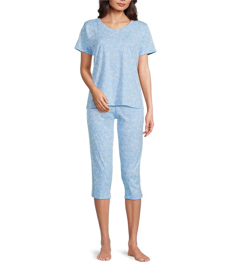 Sleep Sense Knit Daisy Print Drawstring Tie Coordinating Sleep Capri Pants