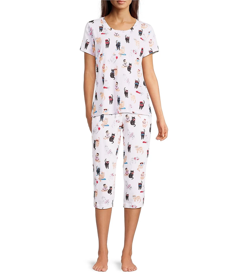 Sleep Sense Knit Fancy Cats Print Drawstring Tie Coordinating Sleep Capri