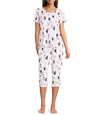 Sleep Sense Knit Fancy Cats Print Drawstring Tie Coordinating Sleep Capri