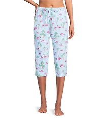 Sleep Sense Knit Flamingos Print Drawstring Tie Coordinating Sleep Capri Pants