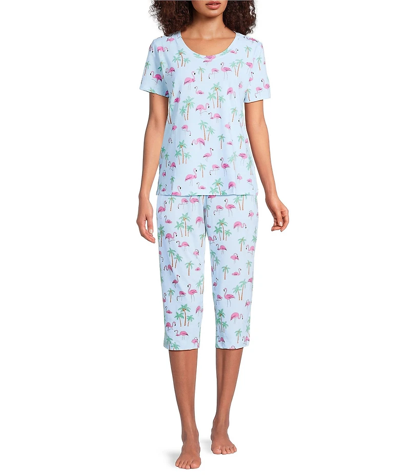 Sleep Sense Knit Flamingos Print Drawstring Tie Coordinating Sleep Capri Pants