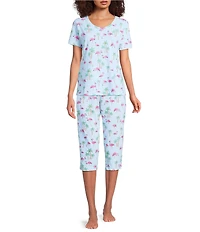 Sleep Sense Knit Flamingos Print Drawstring Tie Coordinating Sleep Capri Pants