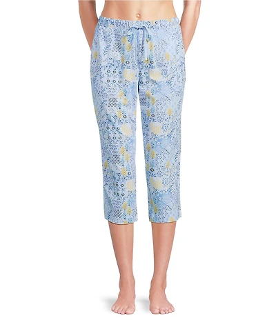 Sleep Sense Knit Patchwork Floral Print Drawstring Tie Coordinating Sleep Capri Pants